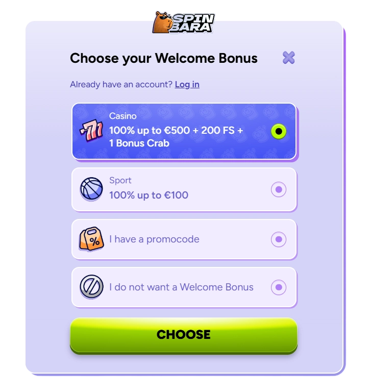 Spinbara Casino registration first step