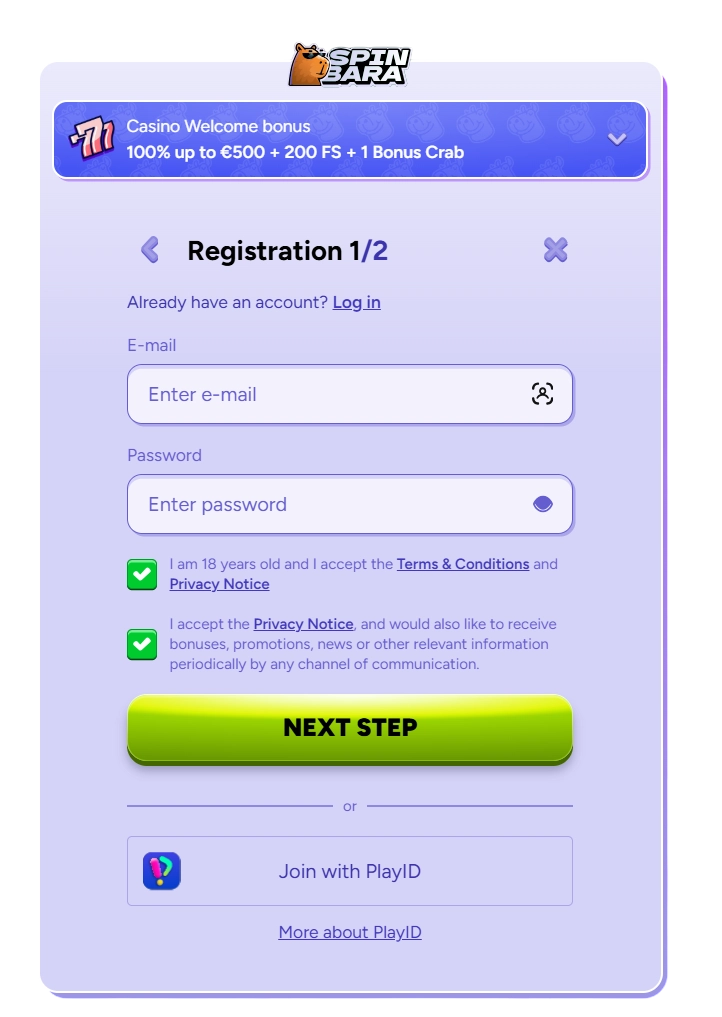 Spinbara Casino registration second step