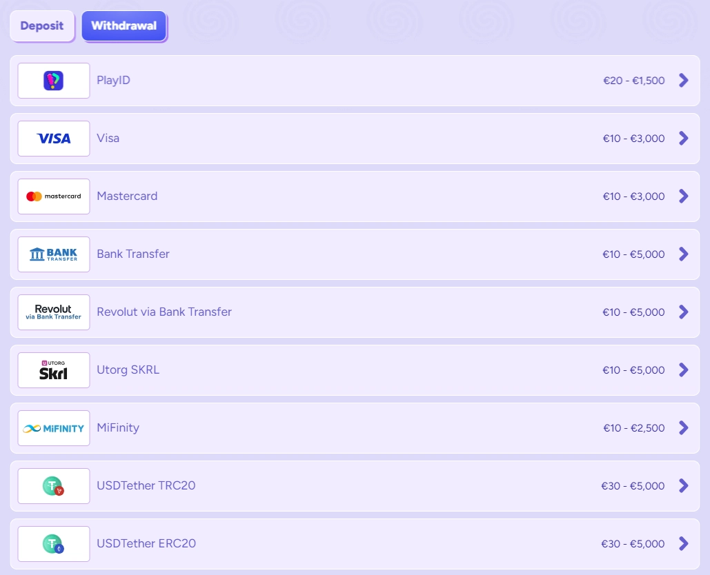 Spinbara withdrawal and cashout options